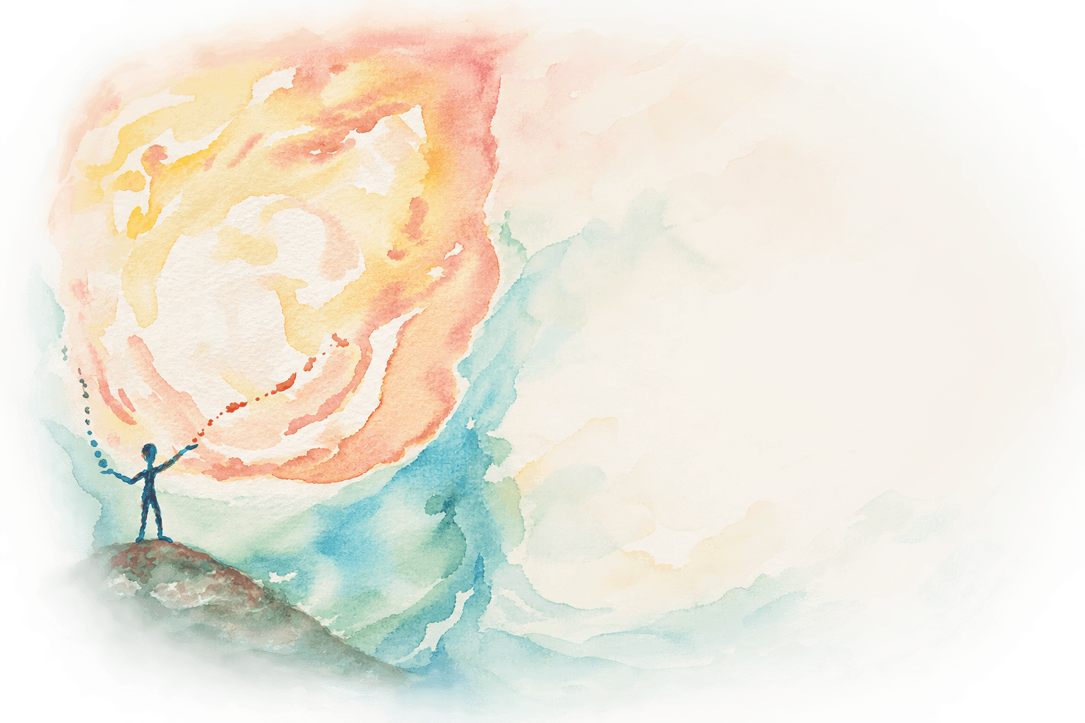 Watercolor of a small figure reaching toward a luminous field of color.